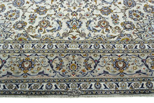 Full view of 2000s Kashan rug from Iran / Persia, 402 × 291 cm in Beige tones
