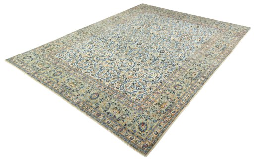 Corner detail of 2000s Kashan rug showing border pattern and Wool pile