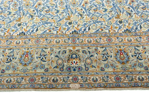 Full view of 2000s Kashan rug from Iran / Persia, 411 × 306 cm in Beige tones