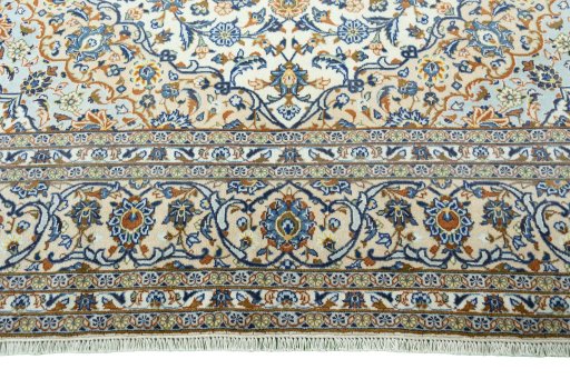 Full view of 2000s Kashan rug from Iran / Persia, 363 × 248 cm in Beige tones