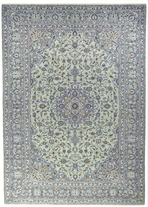 Full view of 2000s Kashan rug from Iran / Persia, 425 × 303 cm in Green tones