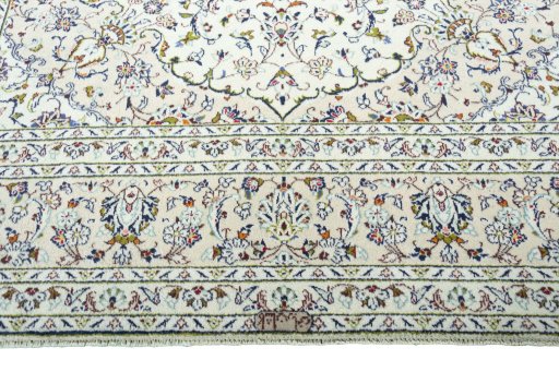 Full view of 2000s Kashan rug from Iran / Persia, 352 × 253 cm in Beige tones