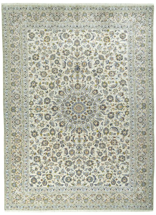 Full view of 1970s Kashan rug from Iran / Persia, 404 × 300 cm in Beige tones