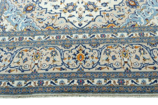 Full view of 2000s Kashan rug from Iran / Persia, 353 × 244 cm in Beige tones