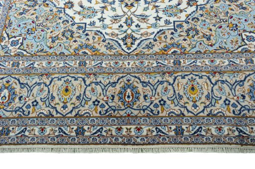Full view of 2000s Kashan rug from Iran / Persia, 351 × 250 cm in Beige tones