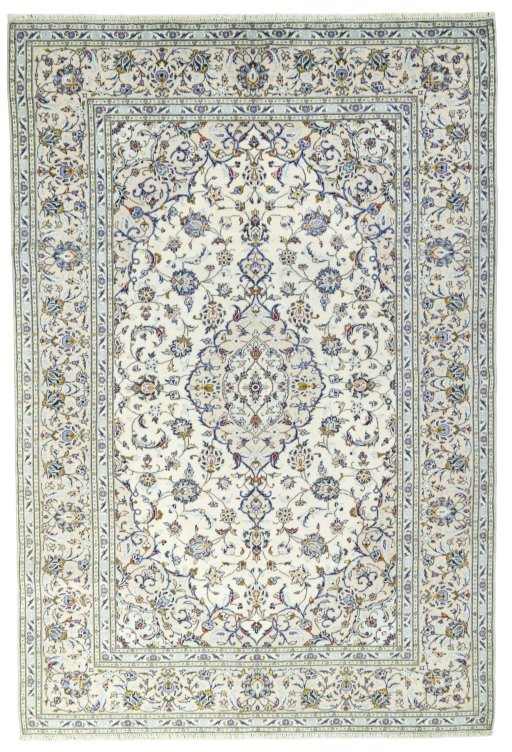 Full view of 2000s Kashan rug from Iran / Persia, 297 × 201 cm in Beige tones