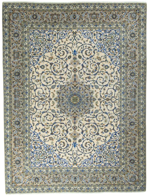 Full view of 2000s Kashan rug from Iran / Persia, 395 × 300 cm in Beige tones