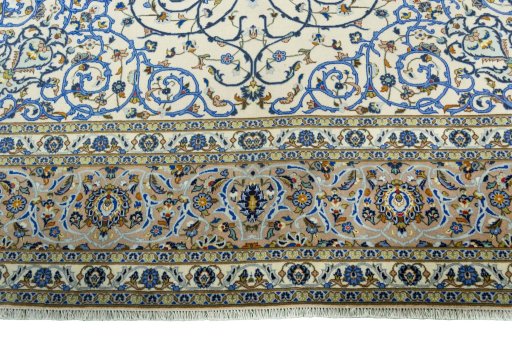 Full view of 2000s Kashan rug from Iran / Persia, 395 × 300 cm in Beige tones
