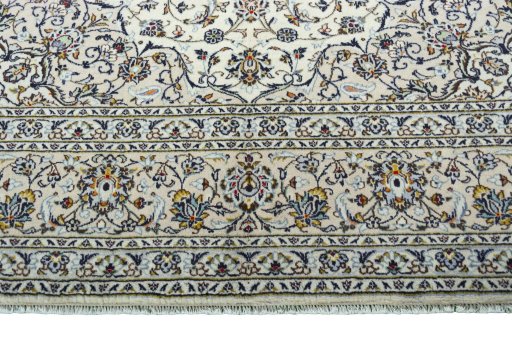 Full view of 2000s Kashan rug from Iran / Persia, 340 × 243 cm in Beige tones