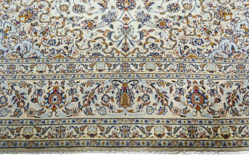 Full view of 2000s Kashan rug from Iran / Persia, 400 × 293 cm in Beige tones