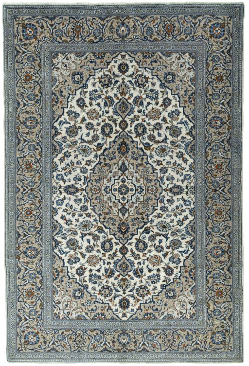 Full view of 2000s Kashan rug from Iran / Persia, 298 × 200 cm in Beige tones