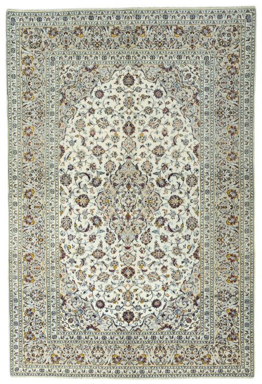 Full view of 2000s Kashan rug from Iran / Persia, 294 × 197 cm in Beige tones