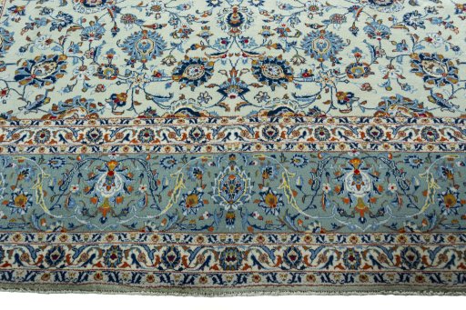 Full view of 2000s Kashan rug from Iran / Persia, 416 × 300 cm in Green tones