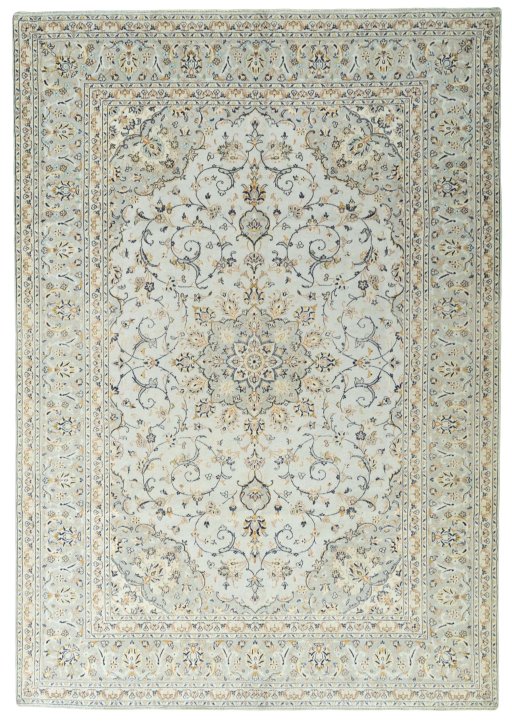 Full view of 2000s Kashan rug from Iran / Persia, 356 × 248 cm in Beige tones