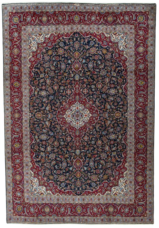 Full view of 2000s Kashan rug from Iran / Persia, 434 × 298 cm in Blue tones