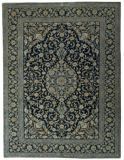 Full view of 2000s Kashan rug from Iran / Persia, 403 × 308 cm in Blue tones