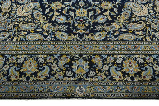 Full view of 2000s Kashan rug from Iran / Persia, 403 × 308 cm in Blue tones