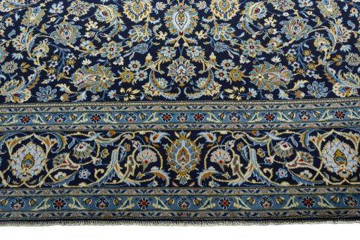Full view of 2000s Kashan rug from Iran / Persia, 405 × 297 cm in Blue tones