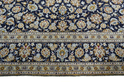 Full view of 1970s Kashan rug from Iran / Persia, 400 × 305 cm in Blue tones