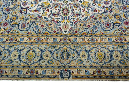 Full view of 2000s Kashan rug from Iran / Persia, 388 × 272 cm in Beige tones