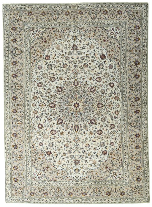 Full view of 2000s Kashan rug from Iran / Persia, 396 × 287 cm in Beige tones