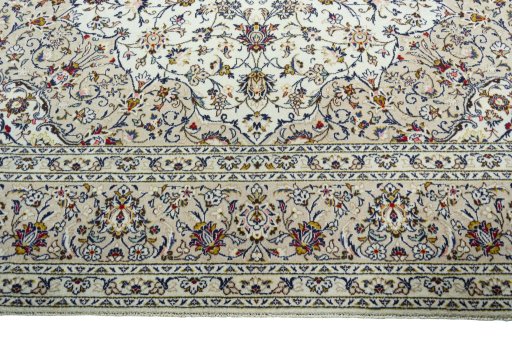 Full view of 2000s Kashan rug from Iran / Persia, 396 × 287 cm in Beige tones