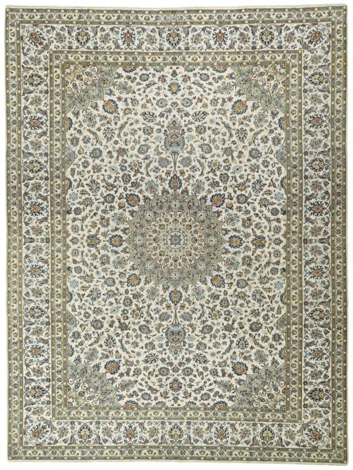 Full view of 2000s Kashan rug from Iran / Persia, 390 × 294 cm in Beige tones