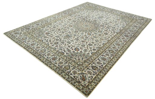 Corner detail of 2000s Kashan rug showing border pattern and Wool pile