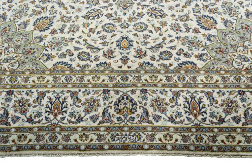 Full view of 2000s Kashan rug from Iran / Persia, 390 × 294 cm in Beige tones