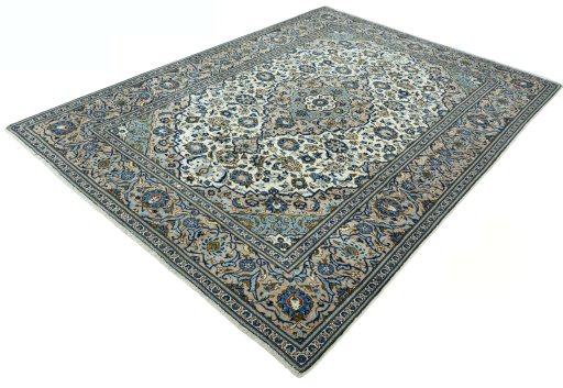 Corner detail of 2000s Kashan rug showing border pattern and Wool pile