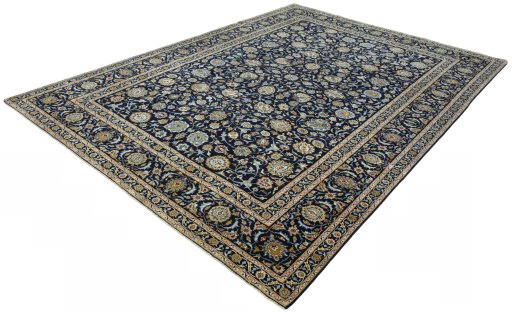 Corner detail of 2000s Kashan rug showing border pattern and Wool pile