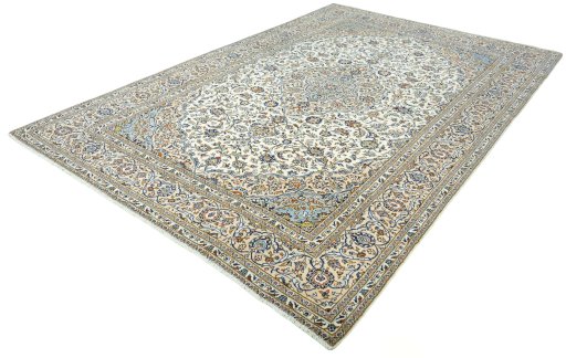 Corner detail of 2000s Kashan rug showing border pattern and Wool pile