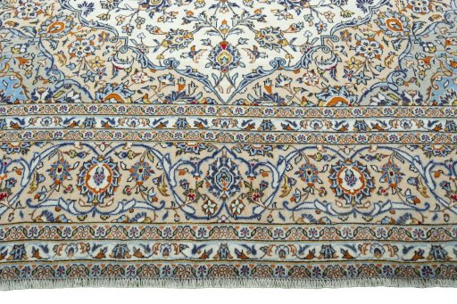 Full view of 2000s Kashan rug from Iran / Persia, 448 × 296 cm in Beige tones