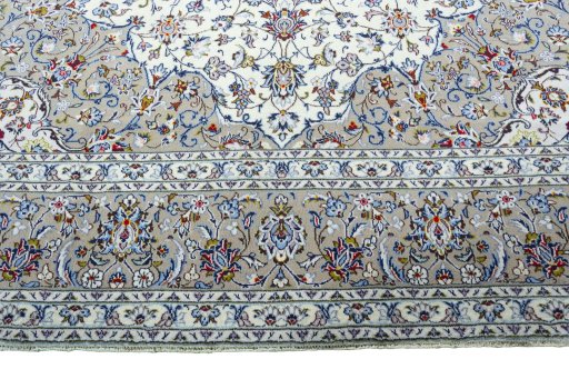 Full view of 2000s Kashan rug from Iran / Persia, 413 × 292 cm in Beige tones