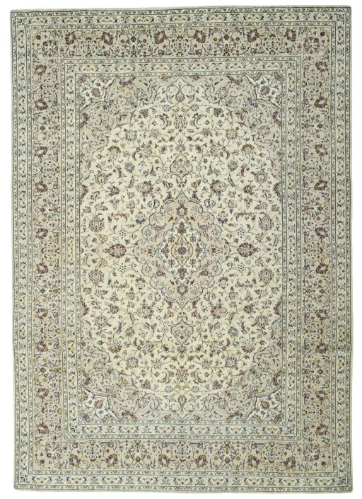 Full view of 2000s Kashan rug from Iran / Persia, 346 × 245 cm in Beige tones