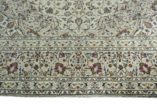 Full view of 2000s Kashan rug from Iran / Persia, 346 × 245 cm in Beige tones