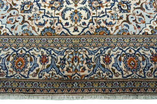 Full view of 2000s Kashan rug from Iran / Persia, 296 × 200 cm in Beige tones