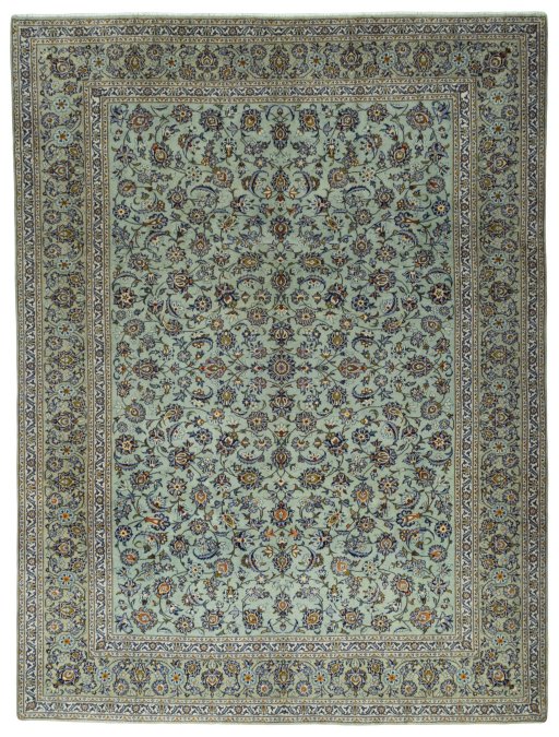 Full view of 2000s Kashan rug from Iran / Persia, 401 × 302 cm in Green tones