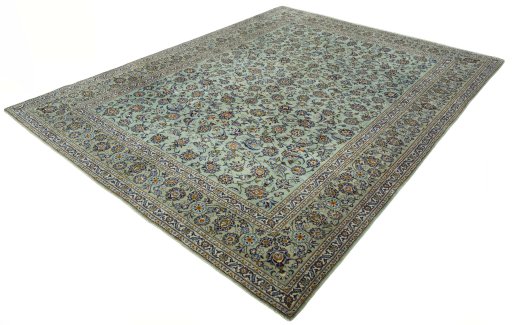 Corner detail of 2000s Kashan rug showing border pattern and Wool pile