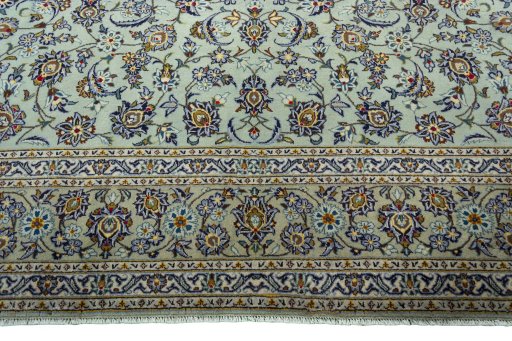 Full view of 2000s Kashan rug from Iran / Persia, 401 × 302 cm in Green tones