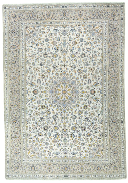 Full view of 2000s Kashan rug from Iran / Persia, 416 × 289 cm in Beige tones