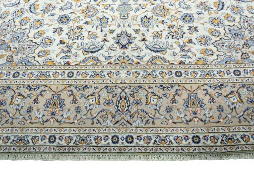 Full view of 2000s Kashan rug from Iran / Persia, 416 × 289 cm in Beige tones