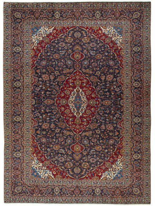 Full view of 2000s Kashan rug from Iran / Persia, 404 × 295 cm in Blue tones
