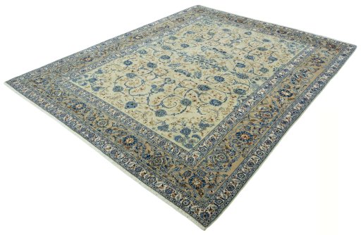 Corner detail of 2000s Kashan rug showing border pattern and Wool pile