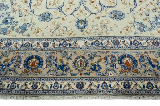 Full view of 2000s Kashan rug from Iran / Persia, 382 × 298 cm in Beige tones
