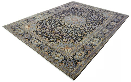 Corner detail of 2000s Kashan rug showing border pattern and Wool pile