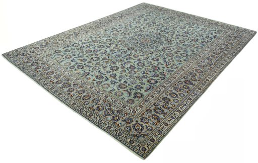 Corner detail of 2000s Kashan rug showing border pattern and Wool pile