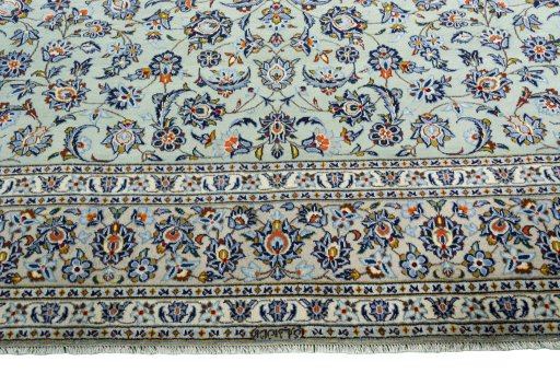 Full view of 2000s Kashan rug from Iran / Persia, 410 × 300 cm in Green tones