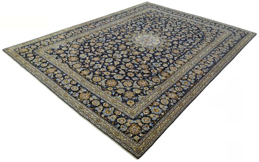 Corner detail of 2000s Kashan rug showing border pattern and Wool pile