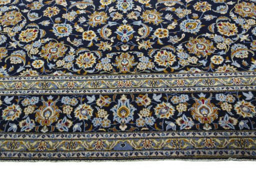 Full view of 2000s Kashan rug from Iran / Persia, 410 × 304 cm in Blue tones
